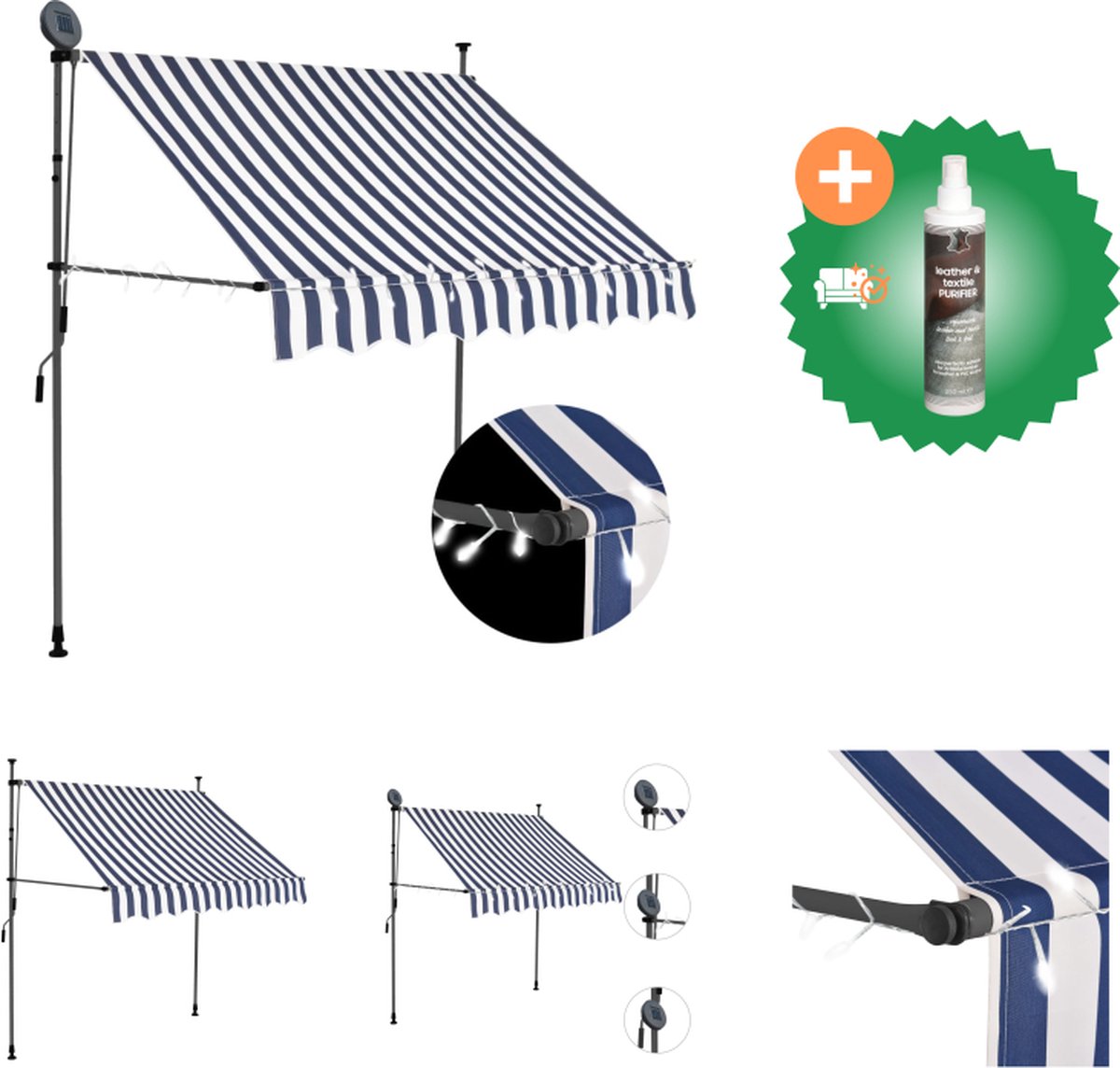 VidaXL Luifel handmatig uittrekbaar met LED 200 cm blauw en wit Vensterzonwering Inclusief Reiniger