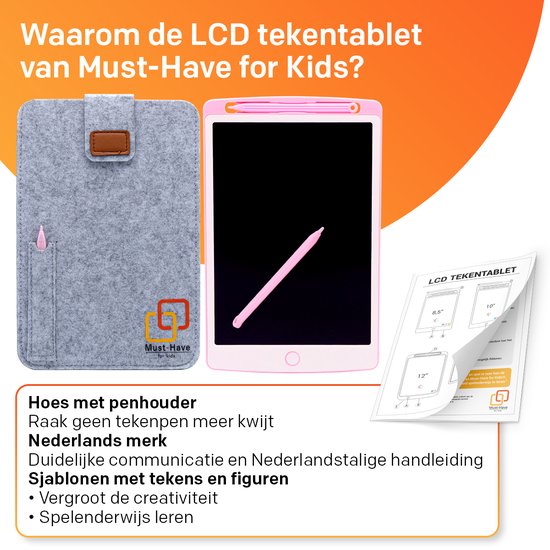 Roze tekentablet met grijze beschermhoes, pen en handleiding.