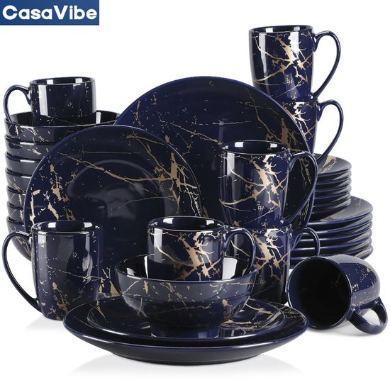 CasaVibe Serviesset – 32 delig – 8 persoons – Porselein - Luxe – Goud - Donker Blauw – Bordenset – Dinner platen – Dessertborden