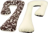 Voedingskussen / Zwangerschapskussens | J-vorm 235 cm | Bruin met crème blaadjespatroon en beige
