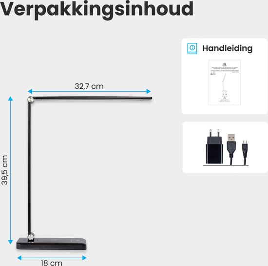 Afmetingen Auronic bureaulamp: 32,7 cm breed, 39,5 cm hoog, 18 cm diep. Inclusief adapter en kabel.