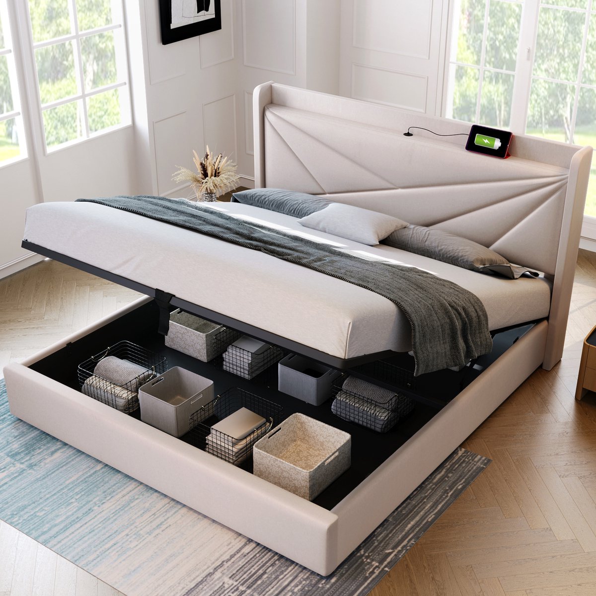 Sweiko Gestoffeerd bed Dubbele opbergbedbox met USB type C oplaadfunctie Hoofdbord, Opslagbedden Linnenframe Jugendbed 140x200 met lattenrost (Zonder matras) Beige