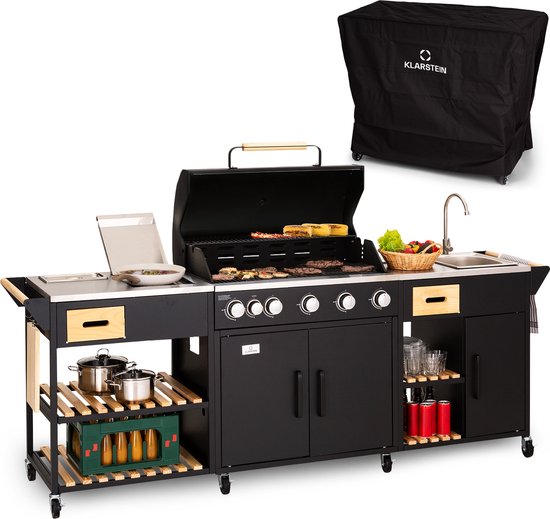 Foto: Klarstein jersey outdoor kitchen 5 1 rvs brander gasbbq werkblad gootsteen gasflessen tot 11 kg 2 schuiflades 4 schappen afvalbak 2 koelboxen 8 wielen 4 remmen slangaansluiting zwart