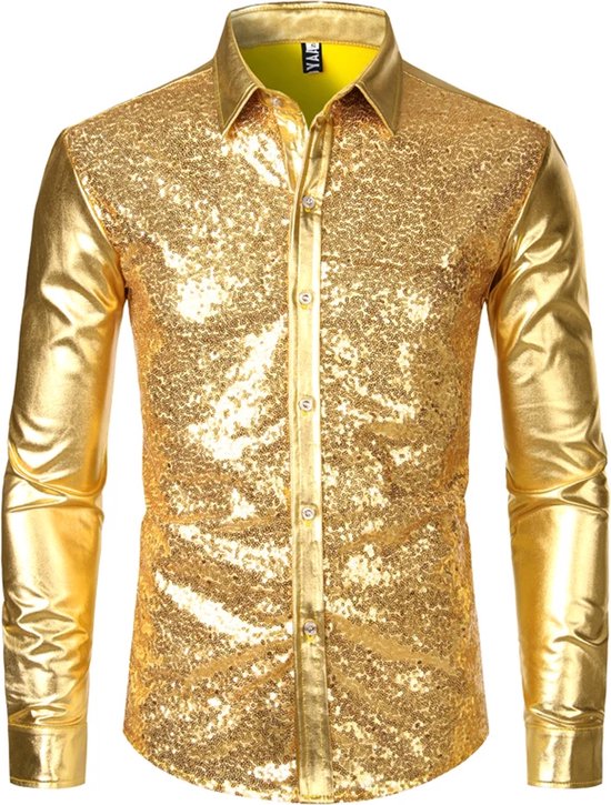 Foto: Sprankelende glitter party blouse stijlvol feest overhemd knoopjes goud leuke outfit voor hem mannen