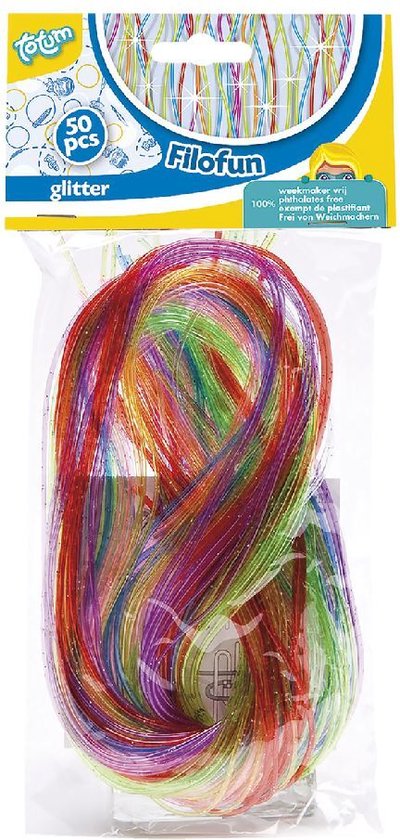 Pakje met 50 stuks glinsterende, veelkleurige Filofun-draden.