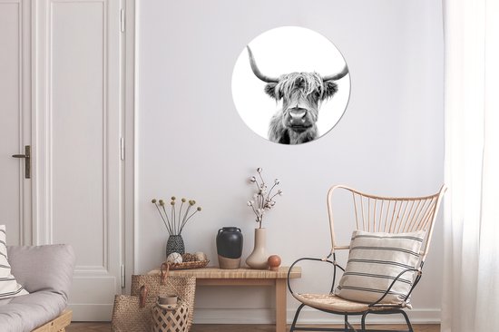 Wallpaper Circle - Scottish Highlander - Zwart - Wit - Animaux - 50x50 cm - Wall Circle