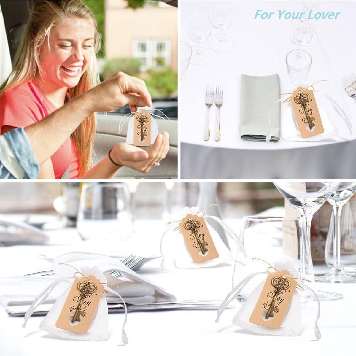 Gastgeschenken bruiloft voor gasten, 50 stuks vintage sleutels flesopener + organza zakje + kraftpapier + natuurlijke jute voor babyfeest, feestgasten, banket, bedankje, geschenken collega's