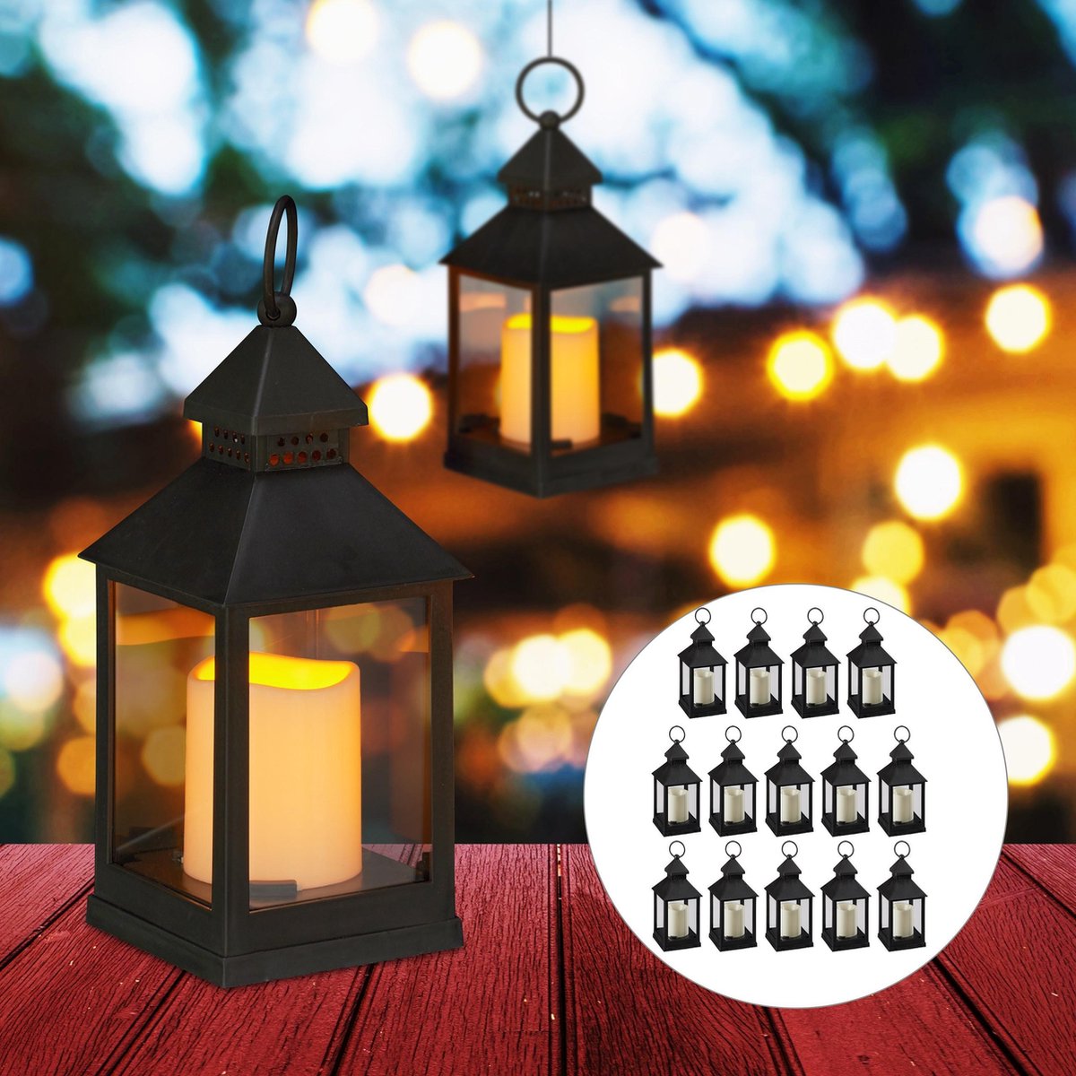 Relaxdays 16 x led lantaarn vlameffect sfeerverlichting windlicht – zwart