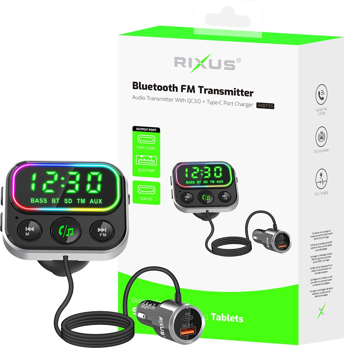 Rixus - 2-in-1 Bluetooth FM Zender en Auto-adapter - Zwart