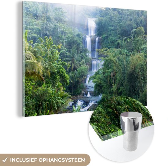 MuchoWow® Glasschilderij 120x80 cm - Schilderij acrylglas - Watervallen in Indonesië - Foto op glas - Schilderijen