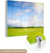 MuchoWow® Glasschilderij 120x90 cm - Schilderij acrylglas - Zomer - Zon - Veld - Foto op glas - Schilderijen
