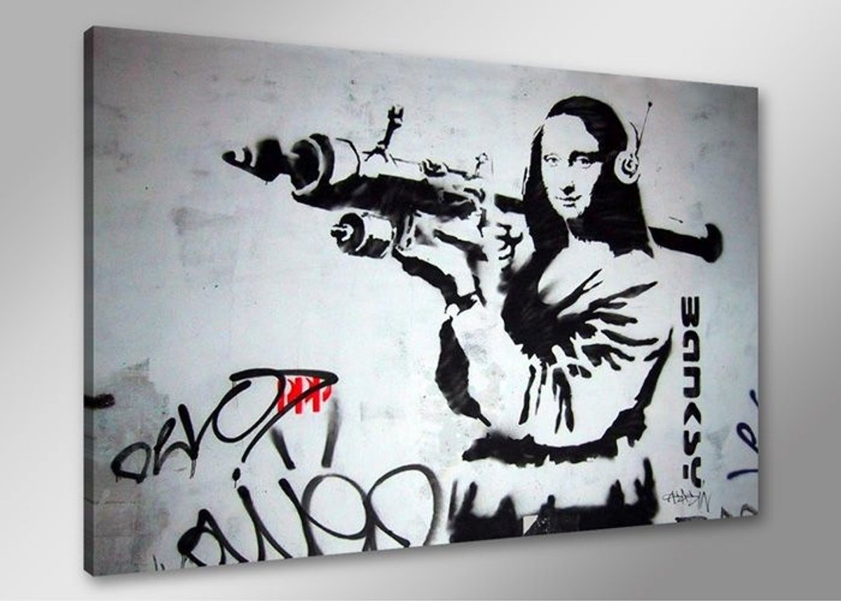 karo-art Schilderij - Banksy Mona Lisa, Zwart-Wit, 80X60cm, 1luik Multikleur