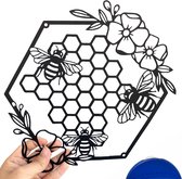 Metalen bijenmuurkunst boerderij honingbijen en bijenkorven met bloemen metalen wanddecoratie hangend voor woonkamer tuin slaapkamer kantoor huis muur (zwart)