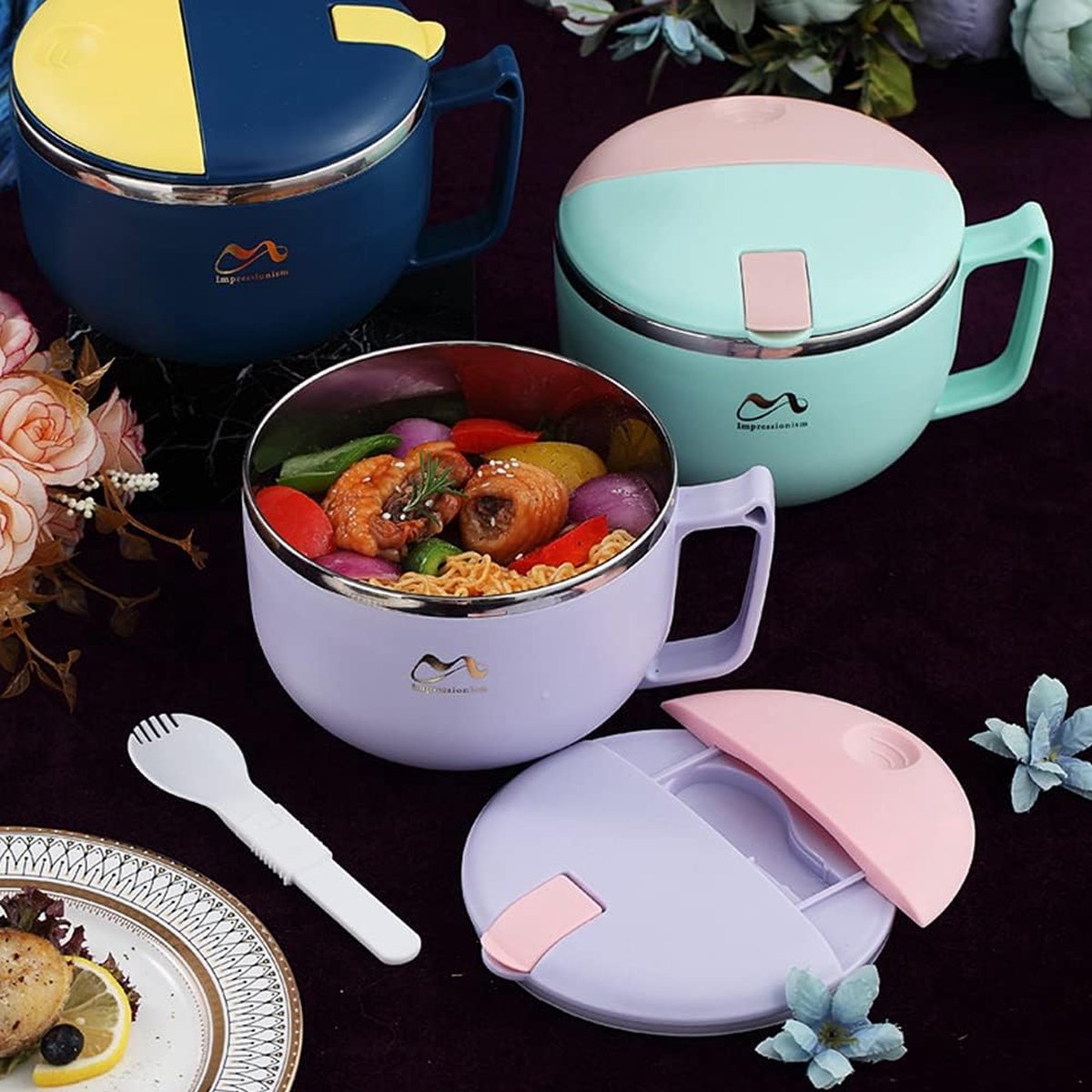 Bol Ramen De 1200ml, Bol à Nouilles Instantanées En Acier Inoxydable Pour Chien Mignon Avec Couvercle Et Fourchette, Cuiseur Ramen, Bols à Soupe Pour La Maison