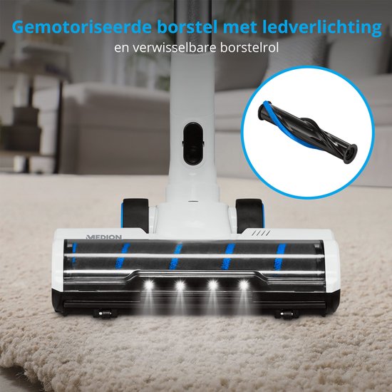 MEDION P250 steelstofzuiger (snoerloos, zakloos, cycloontechnologie, 250 watt, 2-in-1 steelstofzuiger en handstofzuiger met oplaadbare batterij, stofsensor, HEPA H13, LED-touchdisplay, borstelrol
