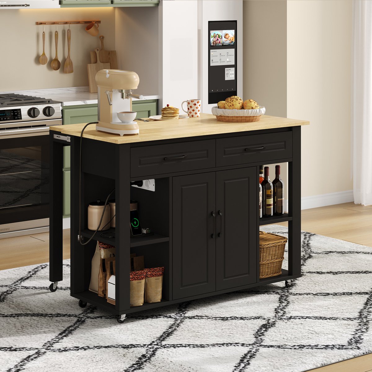 MIVRAY Keukeneiland - Uitschuifbaar Met Bar En Stopcontacten - Opbergruimte Voor Keuken En Eethoek - MDF - 120x77x93 Cm