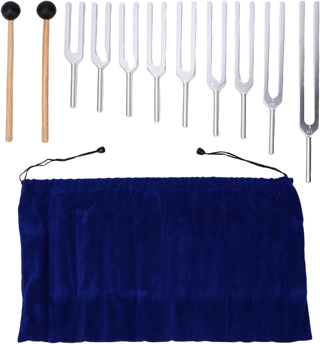 9-delige Stemvork Set van Aluminium en Hout voor Healing en Geluidstherapie - Inclusief 174Hz, 285Hz, 396Hz, 417Hz, 528Hz, 639Hz, 741Hz, 852Hz, 963Hz