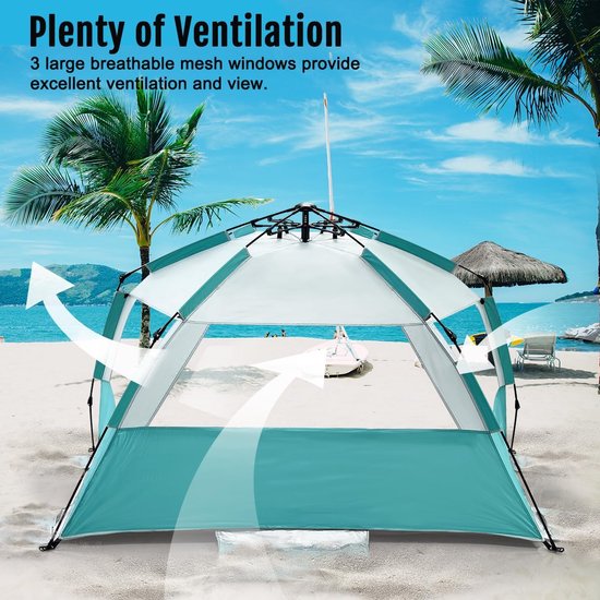Strandtent Pop-up - Zonnetent Strandhuisje - Bescherming Tegen Zon - Uv-bescherming Verzilverd - XL 251cm - Munt Beige — afbeelding 4
