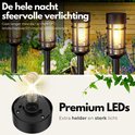 Zwarte solar tuinlampen met filament LED, warm wit licht. "De hele nacht sfeervolle verlichting."