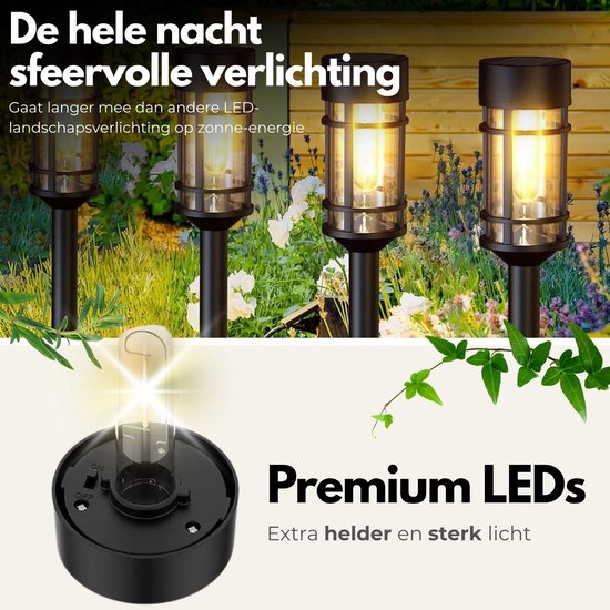 Zwarte solar tuinlampen met filament LED, warm wit licht. "De hele nacht sfeervolle verlichting."