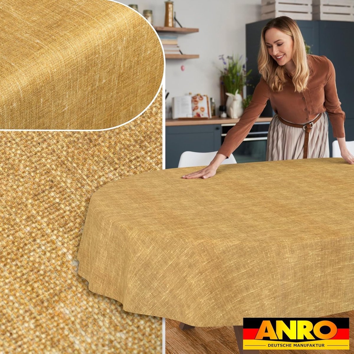 Tafelzeil - Tafellinnen linnenlook - Eettafel decoreren - Waterafstotend lotuseffect - 220x140 cm - Mosterd