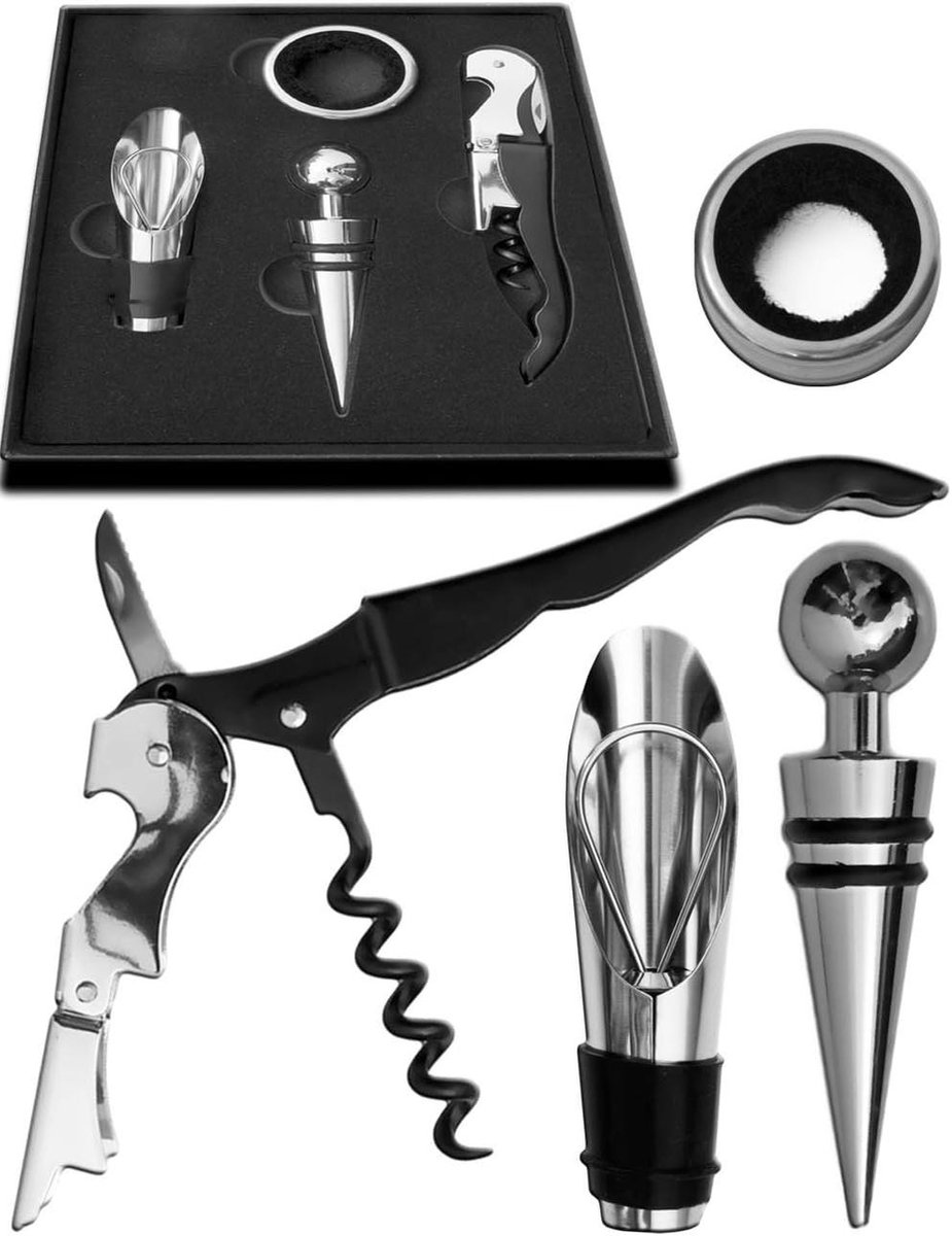 Wijnaccessoires Set - Barbenodigdheden - Flessen Openen - Roestvrij Staal - 4 Delig - Zilver