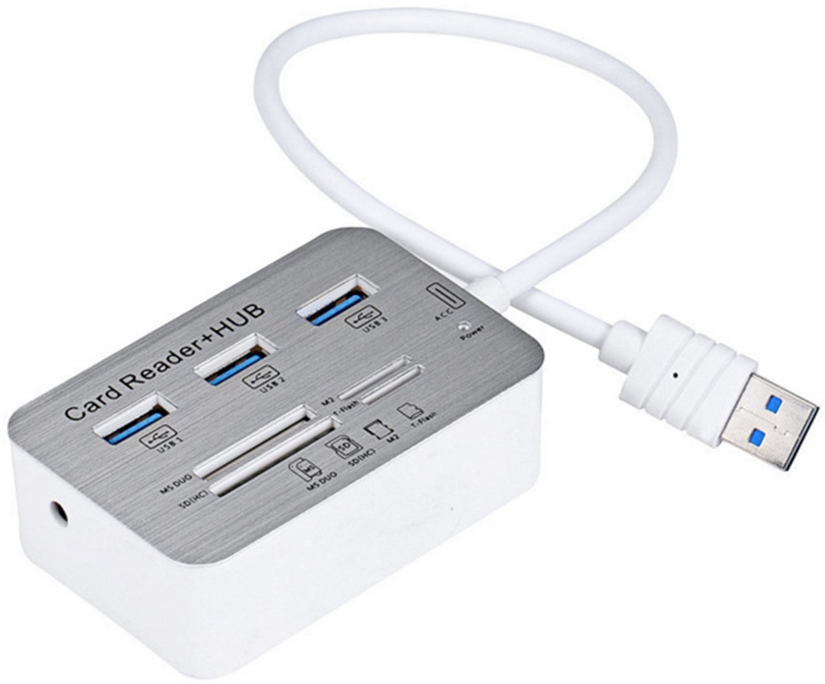 Oneay 7-in-1 kaartlezer met 3-poorts USB 3.0-hub, USB-adapter voor SD/MS/Micro SD/MMC/M2/TF-kaarten en externe SD-kaartlezer