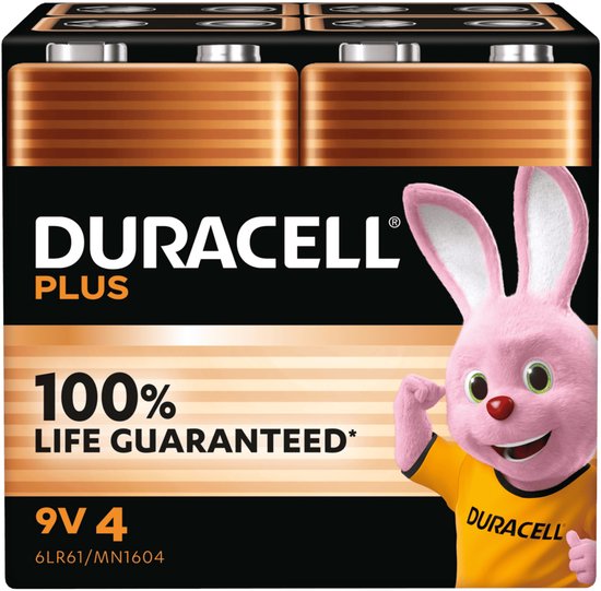 Duracell Plus 9V batterijpakket met 4 stuks. Zwarte verpakking met de Duracell konijn in een geel shirt.