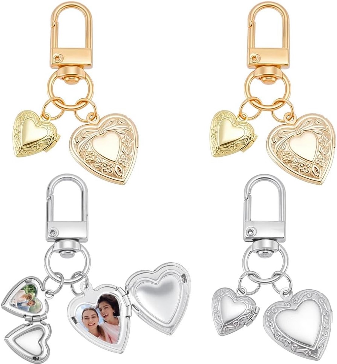 Dubbele Hart Sleutelhanger Set van 4 Stuks in 2 Kleuren, Foto Locket Sleutelhanger met Draaisluiting voor Verjaardag en Valentijnsdag Decoratie