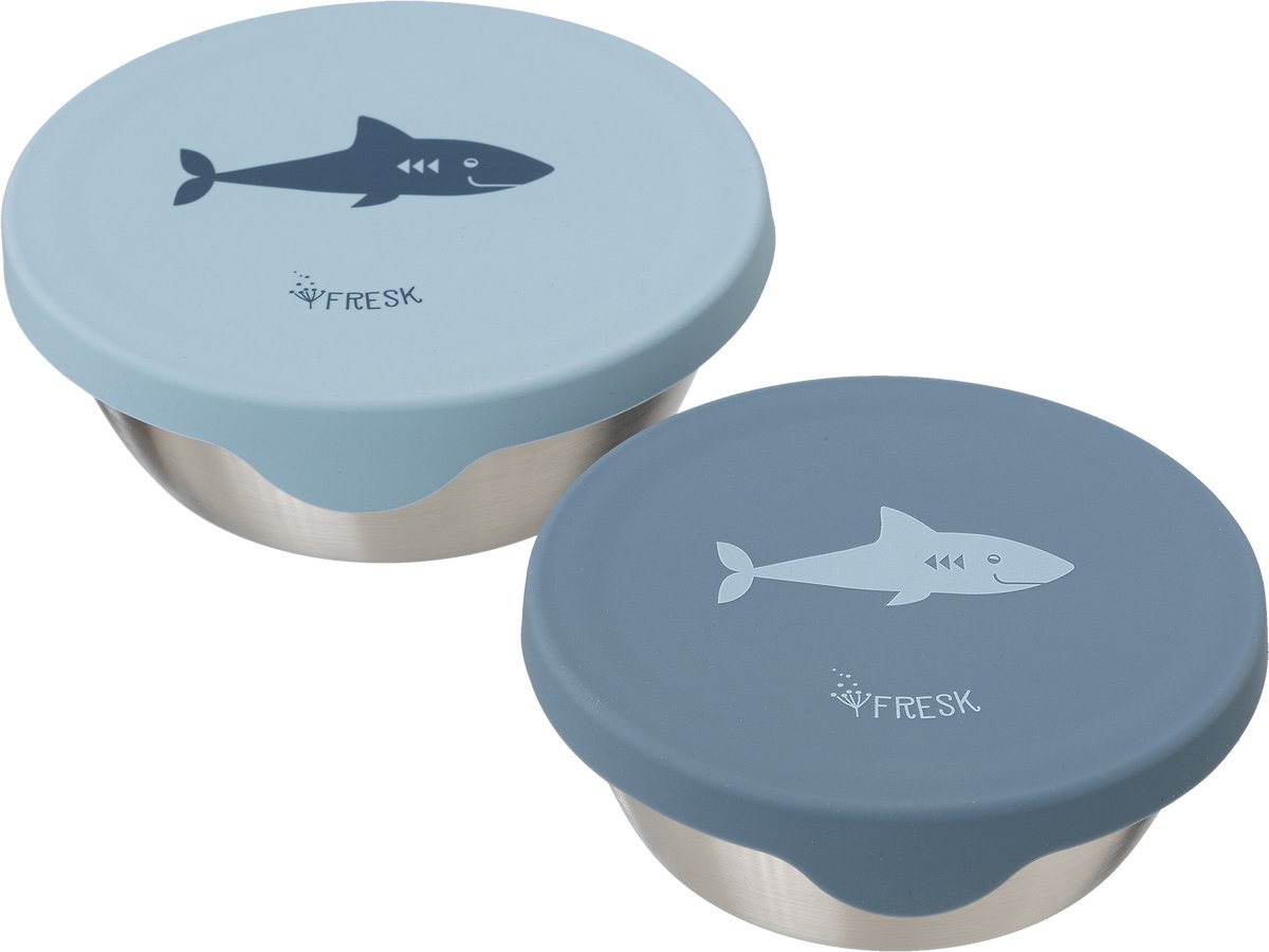 Fresk Snackbox voor Kinderen - 2 stuks - RVS Snackdoos - Vaatwasserbestendige Bewaarbakjes - Fruitbakje School - Vershoudbakjes - Fruitbox - Blauw - Shark