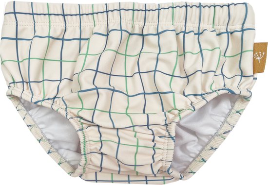 Crèmekleurige zwembroek met blauwe en groene ruitjes, elastische tailleband en zoom.