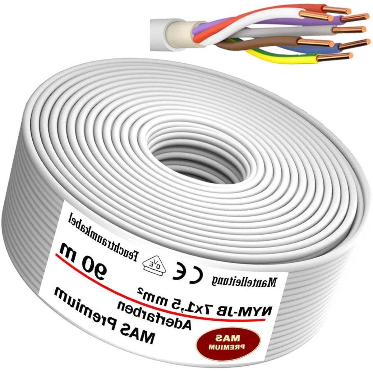 Stroomkabel Vochtige Ruimtes - Mantelkabel Installatiekabel - Vaste Installatie Binnen - Voldoet aan VDE-norm - 90 meter 7x15mm² - Grijs