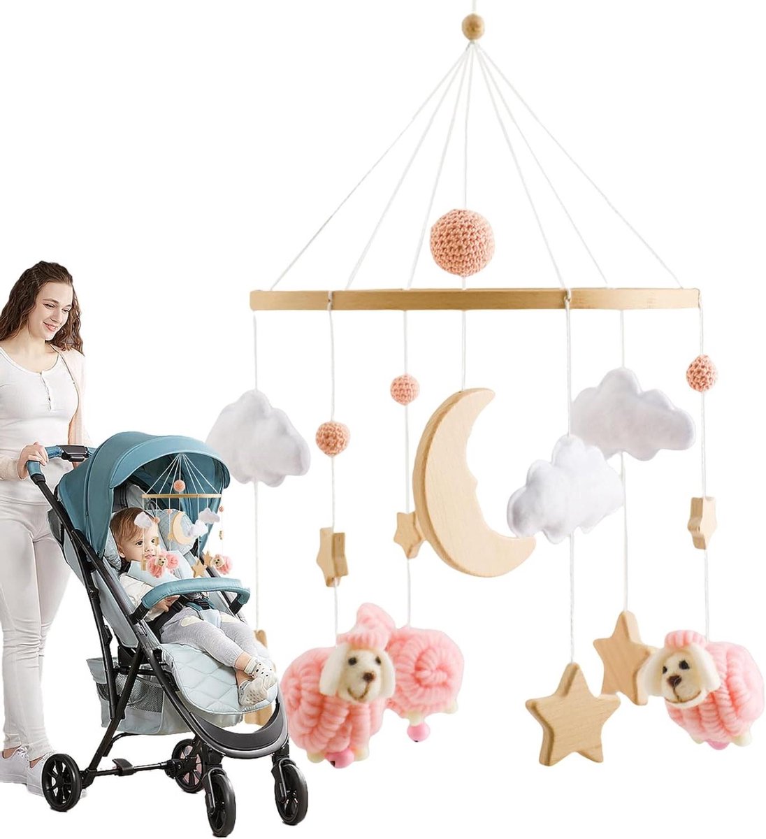 Babymobiel Hout - Wieg Mobiel Kinderkamer - Baby Stimuleren - Huidvriendelijk Materiaal - 43 x 22.5 cm - Roze