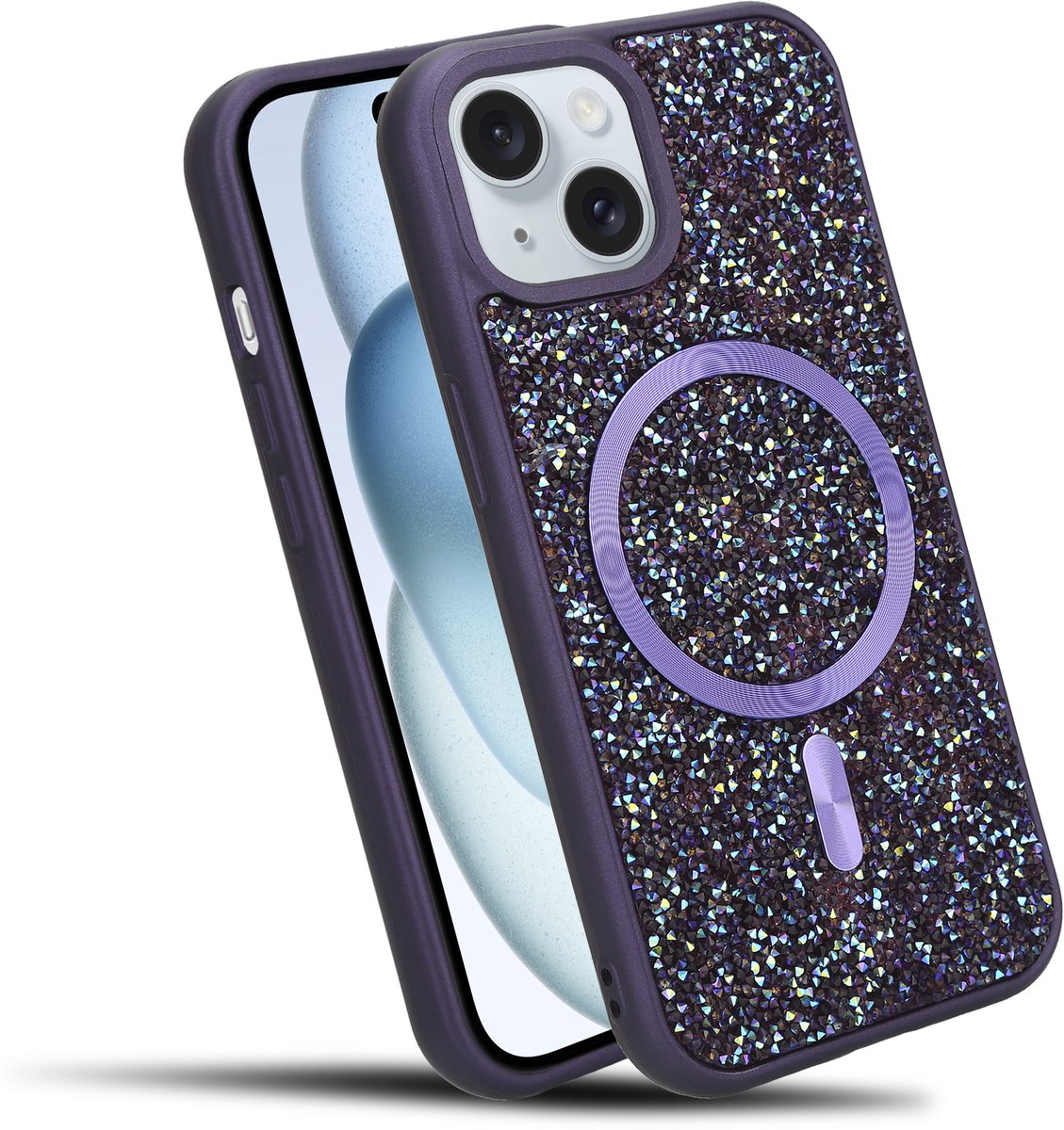 Hoesje geschikt voor iPhone 15 in Paars Diamant Glitter Stijl