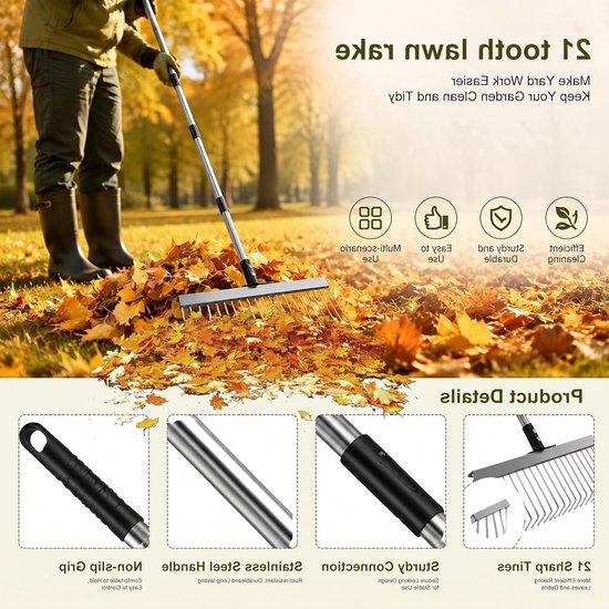 Verstelbare bladhark met ergonomische telescoopsteel, ideaal voor gazon, bloembedden en mulch, 21 tanden, 53-160 cm breedte — afbeelding 2
