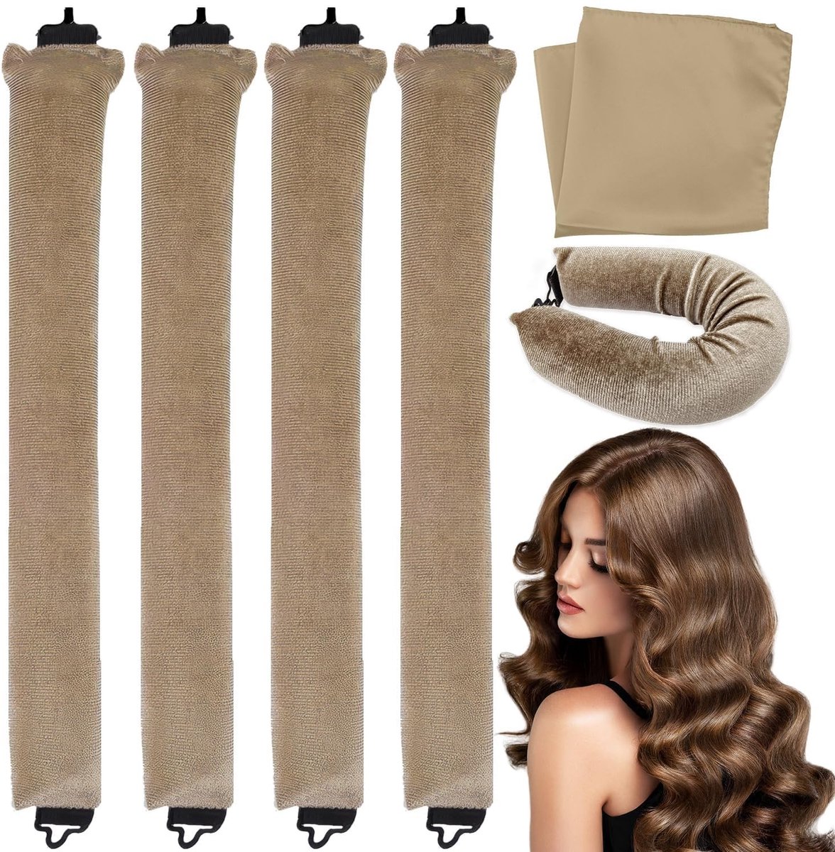 Dailygoods - Dailygoody - Heatless Curlers - Haarrollers zonder Hitte - Perfecte Krullen - Kaki - Krulspelden - Geschikt voor Lang Haar - 4 stuks
