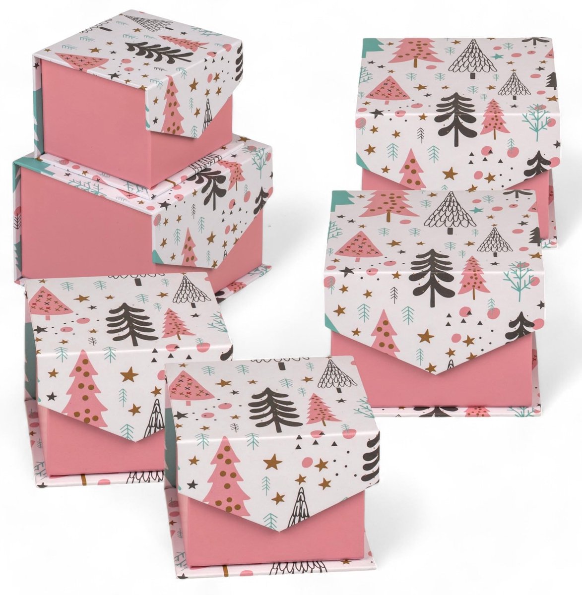 Dailygoody - Kleine Geschenkdozen Dennendesign - Opklapbare Dozen - Perfect voor Souvenirs - Roze-Wit-Mint - 6-Delige Set - Ideaal voor Cadeaus