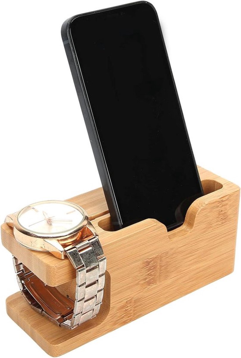 Houten Laadstation voor Telefoon en Horloge - Organizer voor Bureau