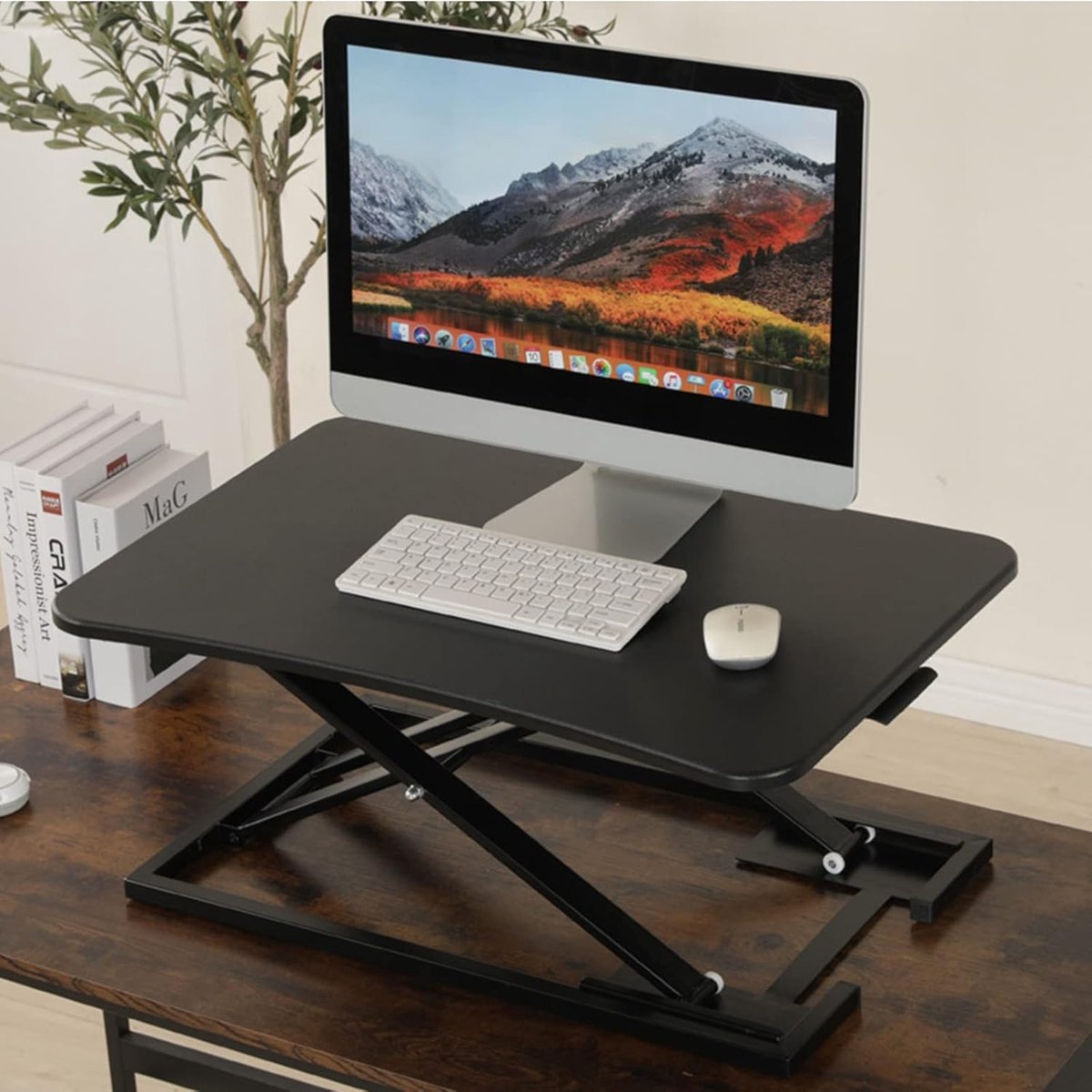 Zit Sta Bureau Converter 31 inch Breed – Verstelbare Standing Desk Riser – Dual Monitor Bureau Verhoger met Tablet & Telefoon Houder – Direct Klaar voor Gebruik – Wit – Mobili Bella