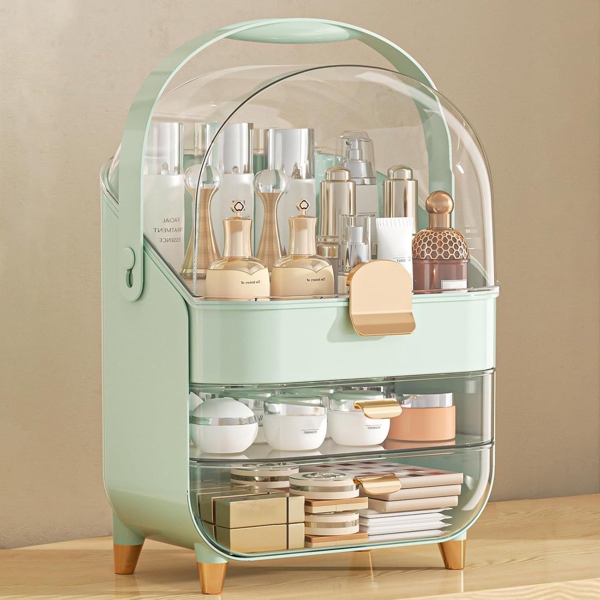 Make-up Organizer met Lades en Deksel, Waterdichte en Stofdichte Opbergdoos voor Cosmetica en Huidverzorging in Lichtgroen voor Badkamer en Slaapkamer