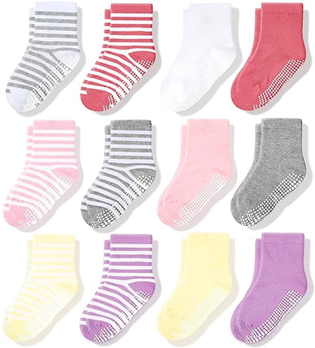 Dailygoody - Antislipsokken - Kindersokken 12 paar - Sterk anti-slip ontwerp - Uniseks - Katoenen sokken voor jongens en meisjes - Comfortabel en veil