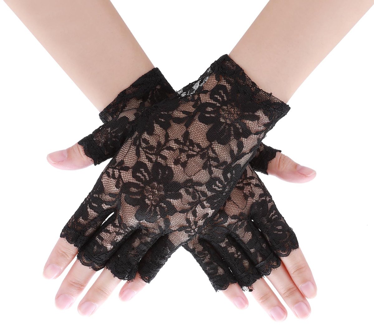 Dailygoods - Dailygoody - Korte Kant Vingerloze Handschoenen - Elegante Accessoire voor Bruiloften - Zwart - Ideaal voor Parties - Perfect voor Dames - Formaat Eén...