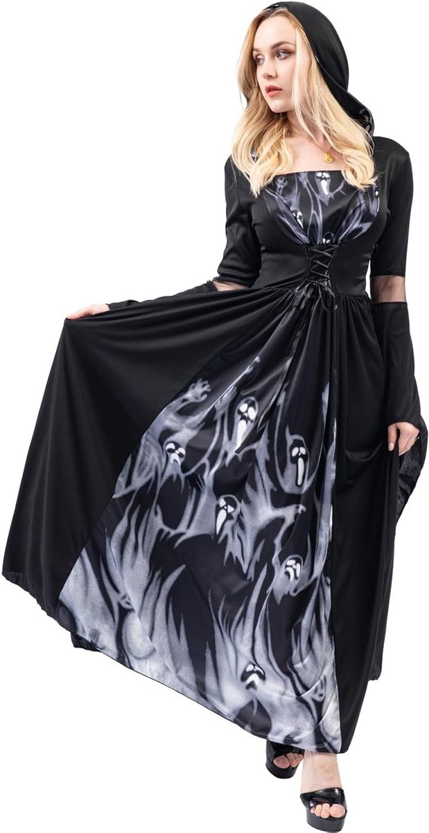 Halloween Kostuum voor Vrouwen met Kap, Retro Ball Dress, Vampier Outfit voor Feesten en Carnaval, Luxe Lace Up Jurk