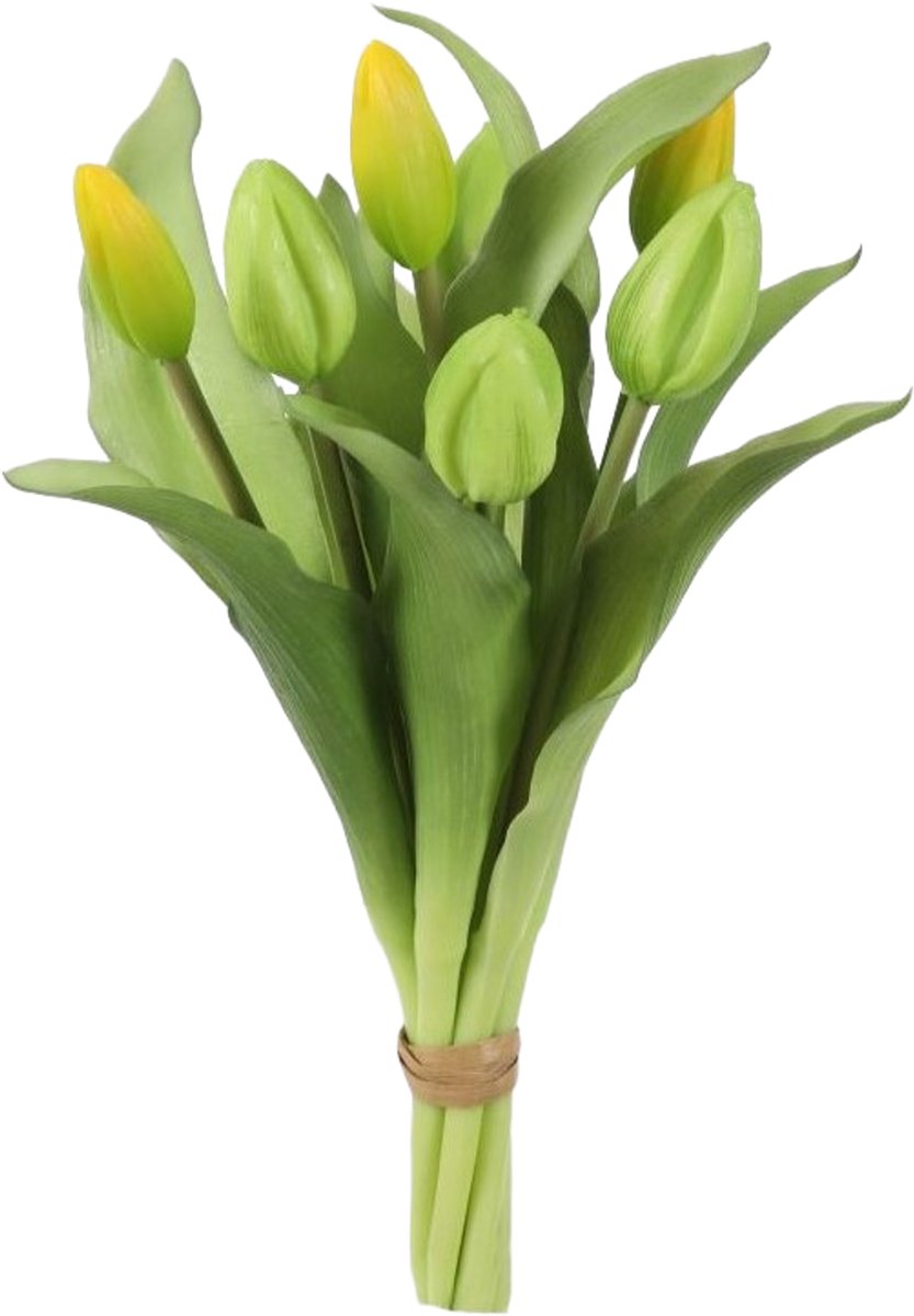 Viv! Home Luxuries - Tulpen boeket - 7 stuks - kunststof bloem - geel groen - 32cm