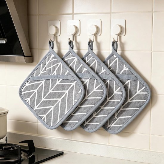 Set van 4 Hittebestendige Keuken Pothouders van Katoen 17 x 17 cm - Ideaal voor Ovens, Pannen en Kookaccessoires in Grijs — afbeelding 3