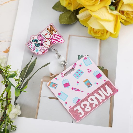 Set van Retractable Badge Reel met Badge Buddy Kaart - Grappige Roze ID Houder voor Verpleegkundigen, Ziekenhuiswerkers en Zorgprofessionals van Merkloos — afbeelding 2