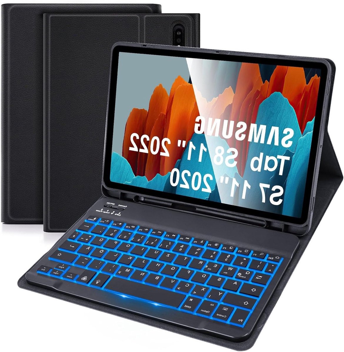 Backlit toetsenbordhoes voor Samsung Galaxy Tab S8 11" en Tab S7 11" - Draadloze QWERTZ toetsenbordcover, Bluetooth toetsenbord met verlichting, zwart ontwerp