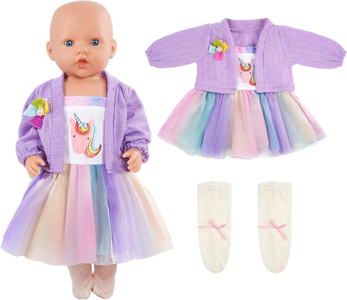 Kledingset voor Poppen van 35-45 cm, Inclusief Accessoires en Hanger, Unicorn Jurk als Verjaardagscadeau voor Meisjes