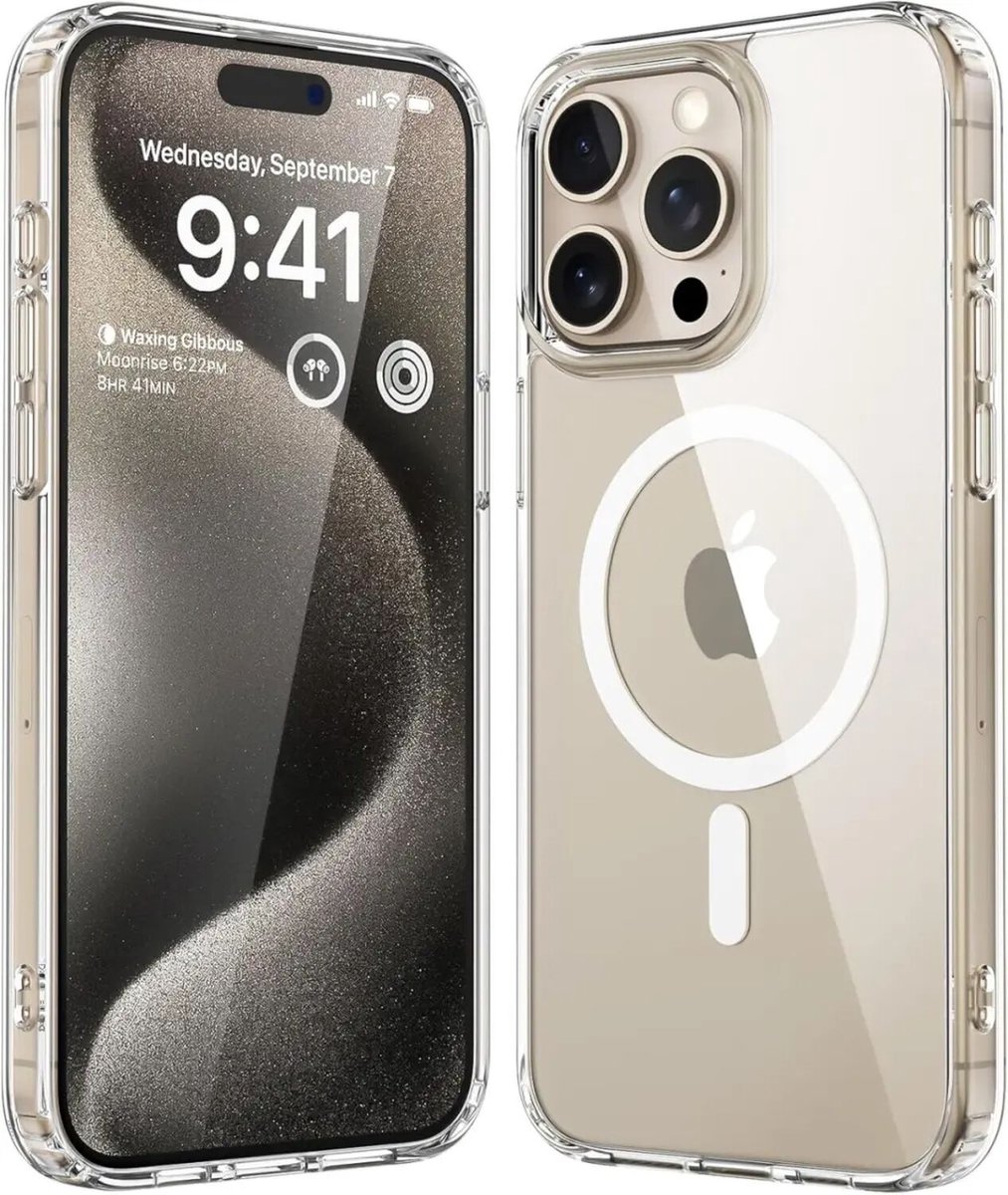 Hoesje Geschikt voor Apple iPhone 15 Pro Max - Compatibel met MagSafe - Hard Back Cover met Magneet - Transparant