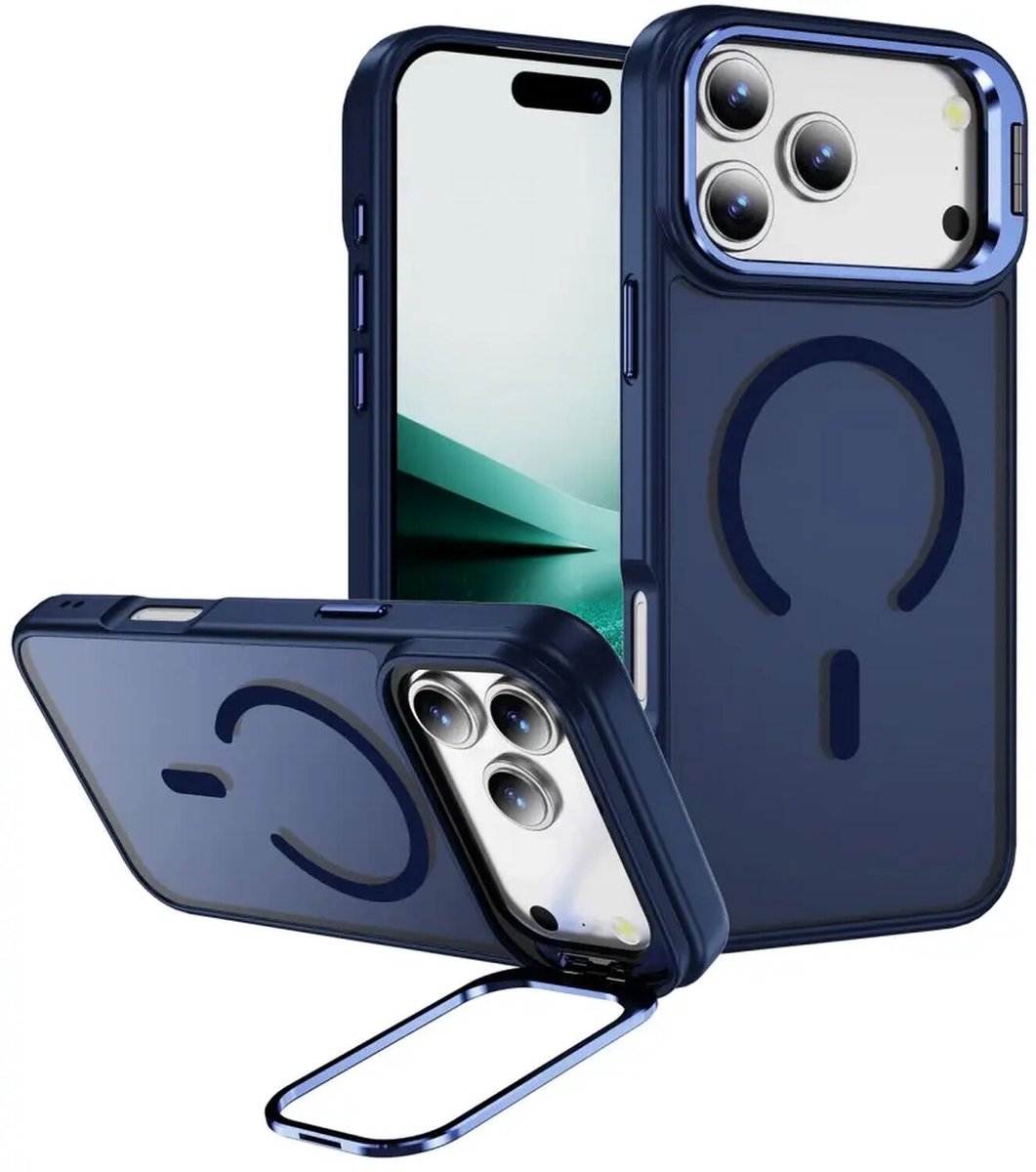 Hoesje Geschikt voor Apple iPhone 17 Pro - Compatibel met MagSafe & Qi2 - Back Cover met Standaard - Camera Kickstand - Blauw